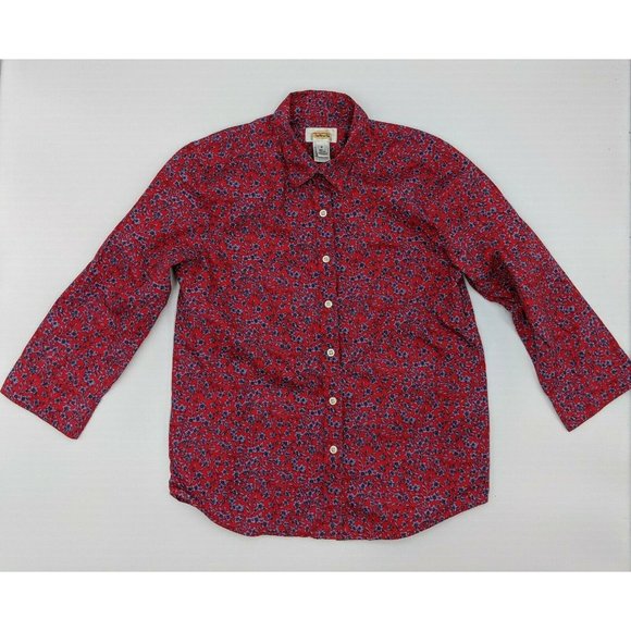 Talbot's Women's Button Down Blouse Red Blue Floral 3/4 Sleeve Size Small Cotton - Picture 1 of 4